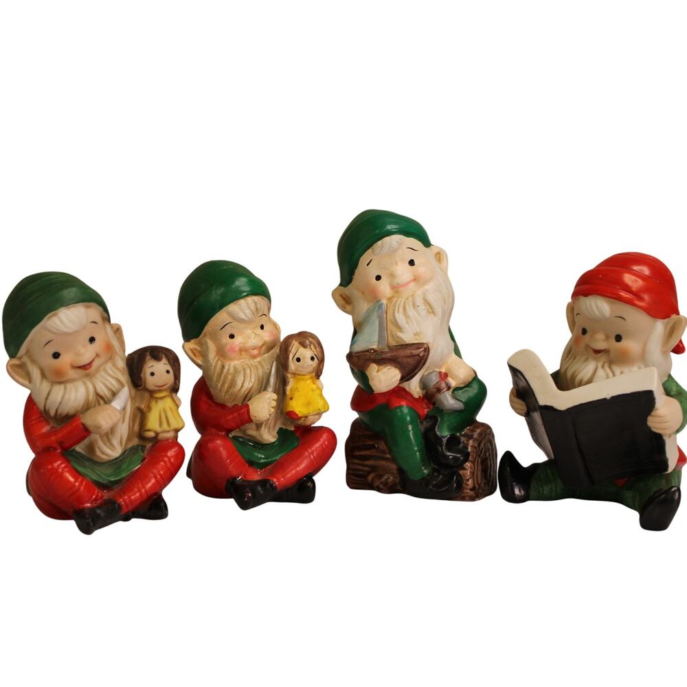 VTG 1970's Homco Ceramic Gnome Figurines 3 Original Set, 1 Handmade Gnome